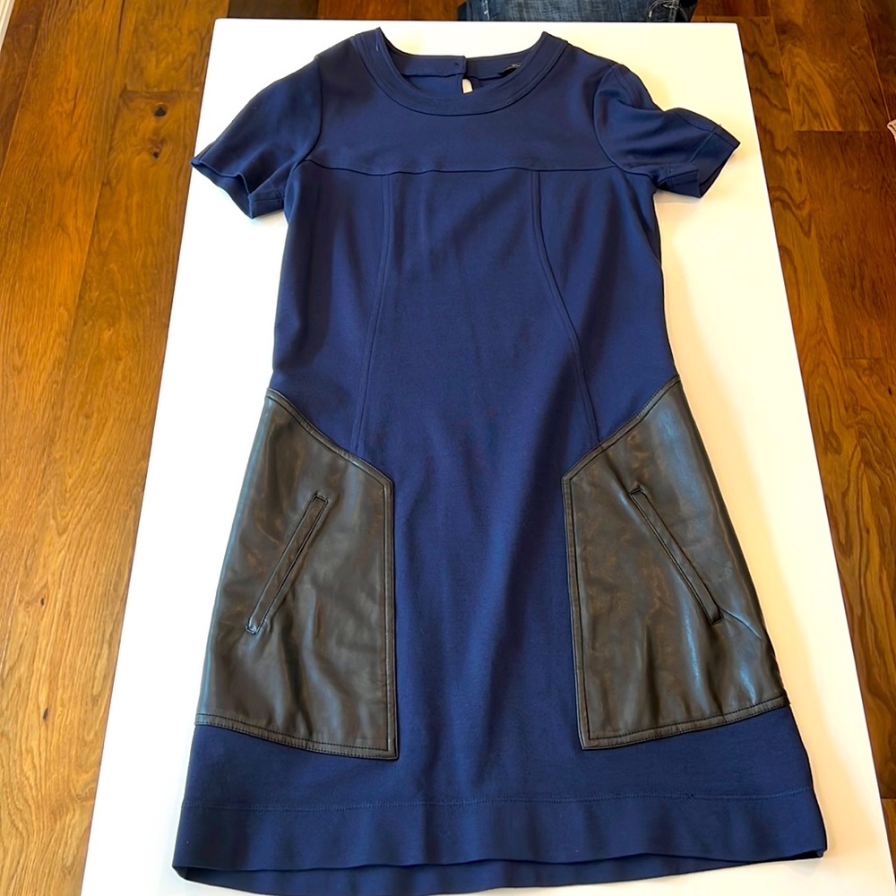 BCBG BLUE DRESS WITH FAUX LEATHER DETAILS